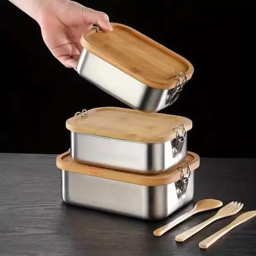 Premium 304 Stainless Steel Bento Box with Natural Bamboo Lid