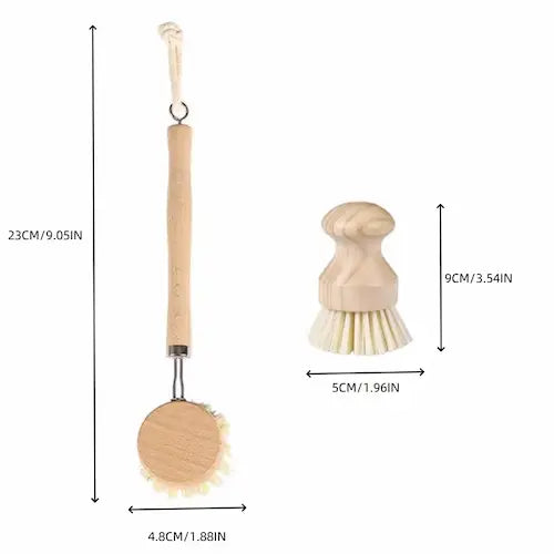 Bamboo Dish Scrub Brush Set with Wooden Handles - 3 pcs