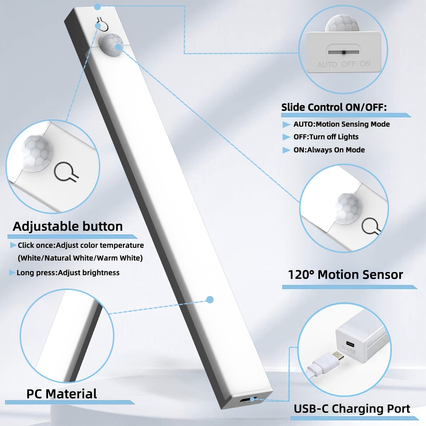 3-Pack: USB Rechargeable Smart LED Under Cabinet Lighting | Motion Sensor, 3-Color (3000K-4500K-6000K) and Dimmable