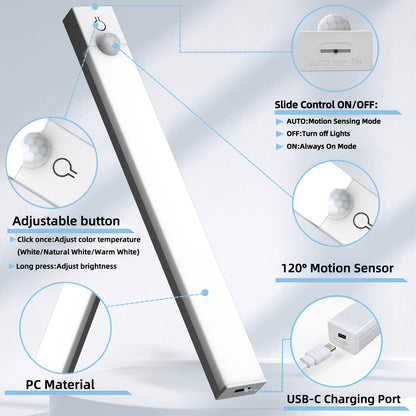 3-Pack: USB Rechargeable Smart LED Under Cabinet Lighting | Motion Sensor, 3-Color (3000K-4500K-6000K) and Dimmable
