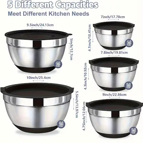 Stainless Steel Mixing Bowls with Airtight Lids - 8 Pcs