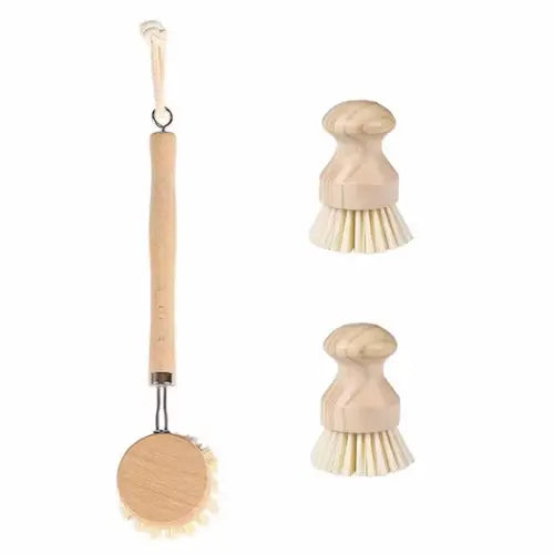 Bamboo Dish Scrub Brush Set with Wooden Handles - 3 pcs