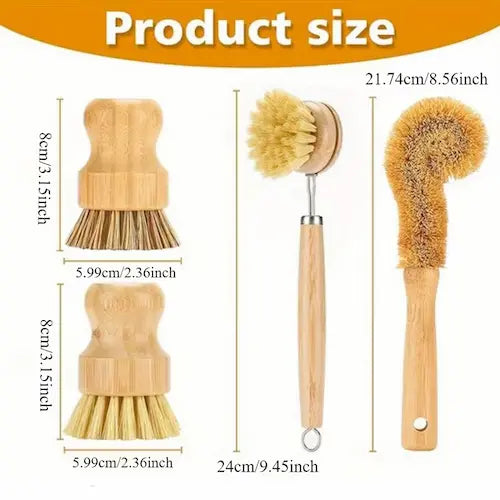 Premium Bamboo Dish Brush Set with Long Handles - 4 pcs