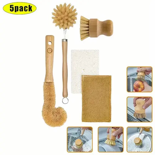 Bamboo Dish Brush Set - 5 pcs