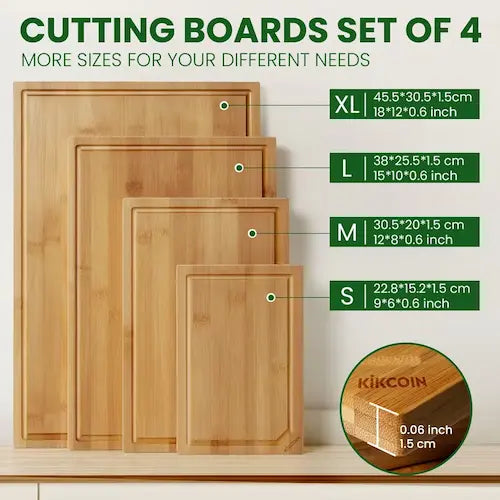Extra Large Bamboo Cutting Board Set with Juice Grooves - 4 pcs